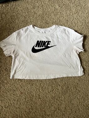 Nike White Cropped Swoosh Tee with Black Logo